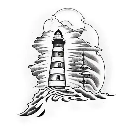 lighthouse ontop of a hill with a pathway of life or death choices but the door will always be open to anyone tattoo design idea