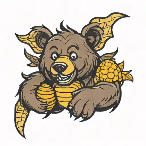 happy brown bear with his hand in a beehive tattoo design idea