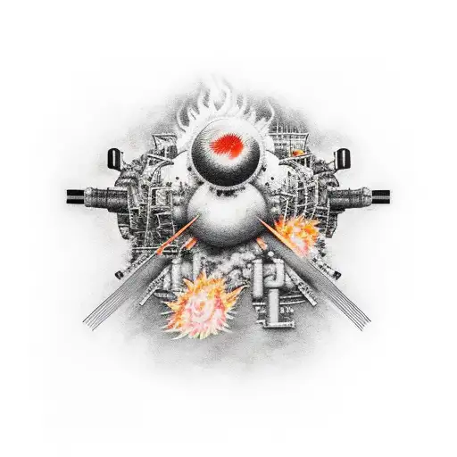 an atomic bomb green day falls on a kissing guy and girl against the backdrop of flames tattoo design idea