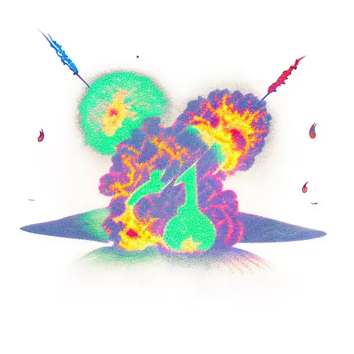 an atomic bomb green day falls on a kissing guy and girl against the backdrop of flames tattoo design idea