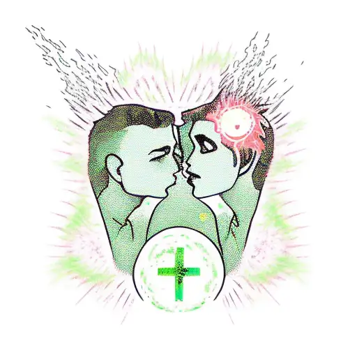 an atomic bomb green day falls on a kissing guy and girl against the backdrop of flames tattoo design idea