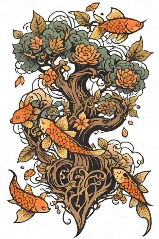 tree of life with koi fish swimming tattoo design idea
