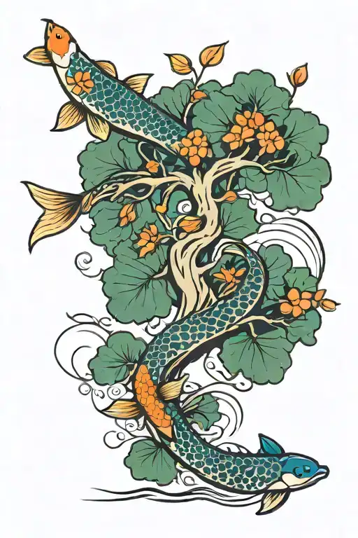 tree of life with koi fish swimming upstream symbolizing perseverance tattoo design idea