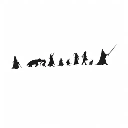 silhouettes of a group of people  With characters from Lord of the Rings, Harry Potter, Star Wars and others tattoo design idea