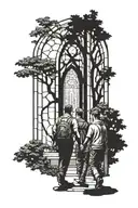 cathedral window two guys walking through forest stained glass tattoo design idea