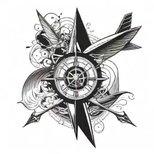 paper plane, compass, boat, wave, roman clock tattoo design idea