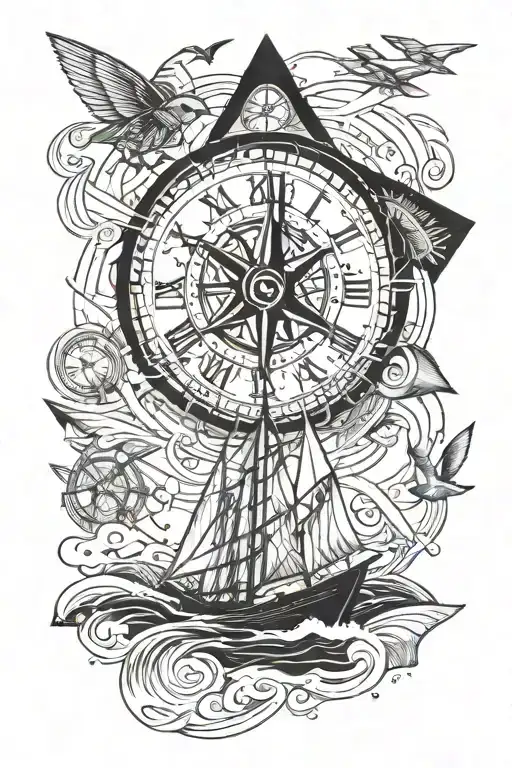 paper airplane, boat, wave, roman clock, compass tattoo design idea