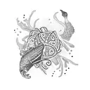 A dotwork tattoo featuring a Polynesian-style Maui hook intertwined with coral reefs and tropical fish, representing the connection between Hawaii and marine life tattoo design idea