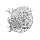 A dotwork tattoo featuring a Polynesian-style Maui hook intertwined with coral reefs and tropical fish, representing the connection between Hawaii and marine life tattoo design idea