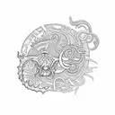 A dotwork tattoo featuring a Polynesian-style Maui hook intertwined with coral reefs and tropical fish, representing the connection between Hawaii and marine life tattoo design idea