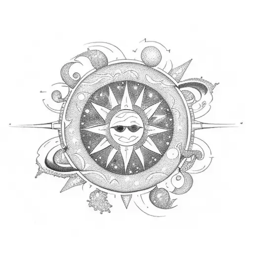A celestial-themed tattoo featuring a radiant sun, a crescent moon, shooting stars, and ocean waves tattoo design idea