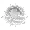 A celestial-themed tattoo featuring a radiant sun, a crescent moon, shooting stars, and ocean waves tattoo design idea