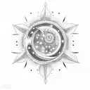 A celestial-themed tattoo featuring a radiant sun, a crescent moon, shooting stars, and ocean waves tattoo design idea