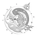 A celestial-themed tattoo featuring a radiant sun, a crescent moon, shooting stars, and ocean waves tattoo design idea
