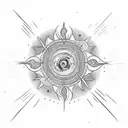 A celestial-themed tattoo featuring a radiant sun, a crescent moon, shooting stars, and ocean waves tattoo design idea