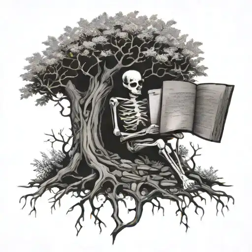 skeleton under tree reading books tattoo design idea