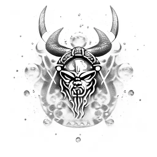 A fierce Viking head with horned helmet, surrounded by alcohol-themed elements like droplets of liquid and barrels. The  tattoo design idea