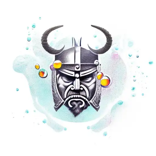 A fierce Viking head with horned helmet, surrounded by alcohol-themed elements like droplets of liquid and barrels. The  tattoo design idea