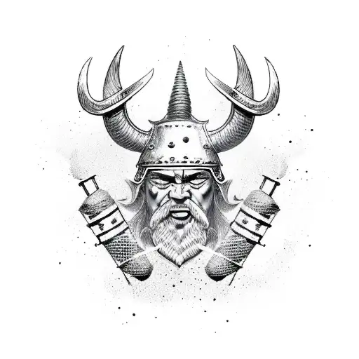 A fierce Viking head with horned helmet, surrounded by alcohol-themed elements like droplets of liquid and barrels. The  tattoo design idea