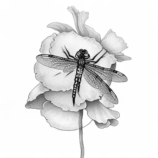 Dragonfly smelling a flower on a poppy field tattoo design idea