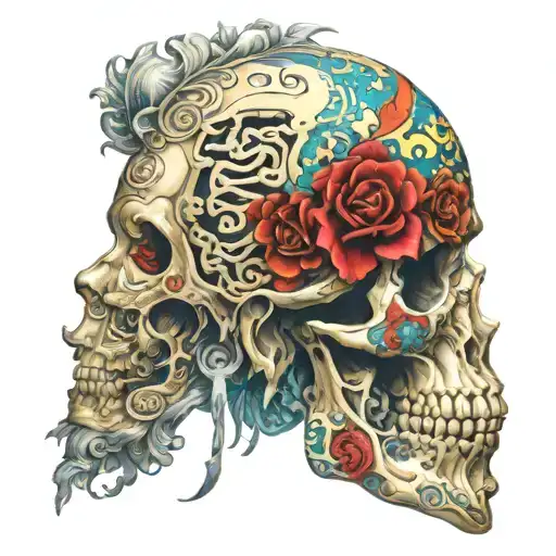 half Marcus Aurelius face half digital skull    tattoo design idea