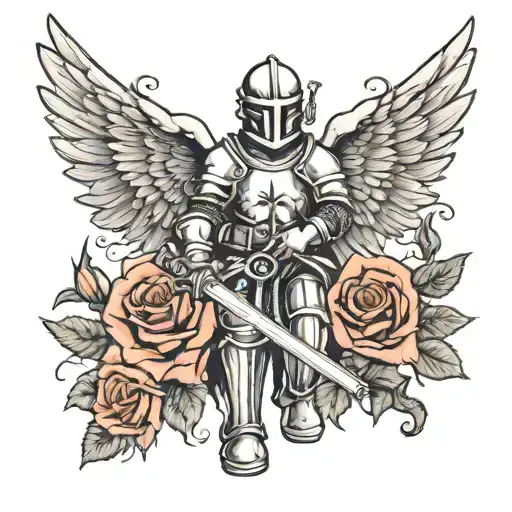 black and white of a knight kneeling down with a sword that has angel wings. A cross above the knight and roses  tattoo design idea
