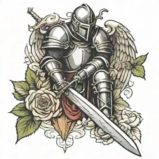 Create a forearm tattoo of a knight kneeling down with a sword that has angel wings. A cross above the knight and roses  tattoo design idea