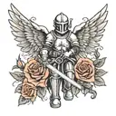 black and white of a knight kneeling down with a sword that has angel wings. A cross above the knight and roses  tattoo design idea