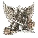 black and white of a knight kneeling down with a sword that has angel wings. A cross above the knight and roses  tattoo design idea