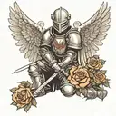 black and white of a knight kneeling down with a sword that has angel wings. A cross above the knight and roses  tattoo design idea