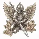 black and white of a knight kneeling down with a sword that has angel wings. A cross above the knight and roses  tattoo design idea