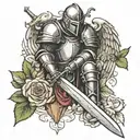 Create a forearm tattoo of a knight kneeling down with a sword that has angel wings. A cross above the knight and roses  tattoo design idea