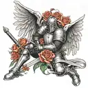 Create a forearm tattoo of a knight kneeling down with a sword that has angel wings. A cross above the knight and roses  tattoo design idea