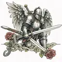 Create a forearm tattoo of a knight kneeling down with a sword that has angel wings. A cross above the knight and roses  tattoo design idea