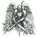 Create a forearm tattoo of a knight kneeling down with a sword that has angel wings. A cross above the knight and roses  tattoo design idea