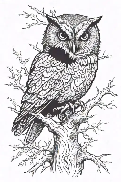 Place the owl in the central trunk of the tree. This highlights the strength and resilience of the tree while emphasizin tattoo design idea