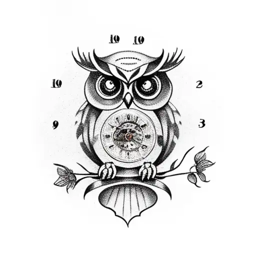 Owl with roses, and skull inside body with Roman clock as background tattoo design idea
