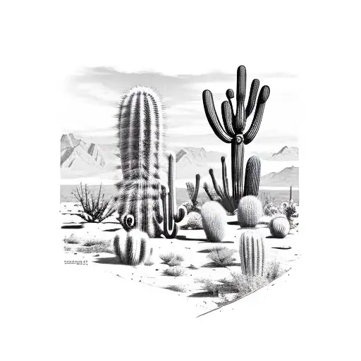 A desert landscape with cacti and a cowboy hat resting on a fence post tattoo design idea