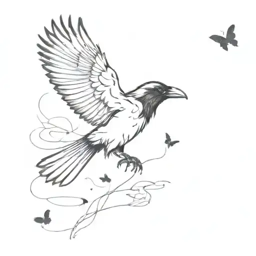 the crow chasing the butterfly flying tattoo design idea