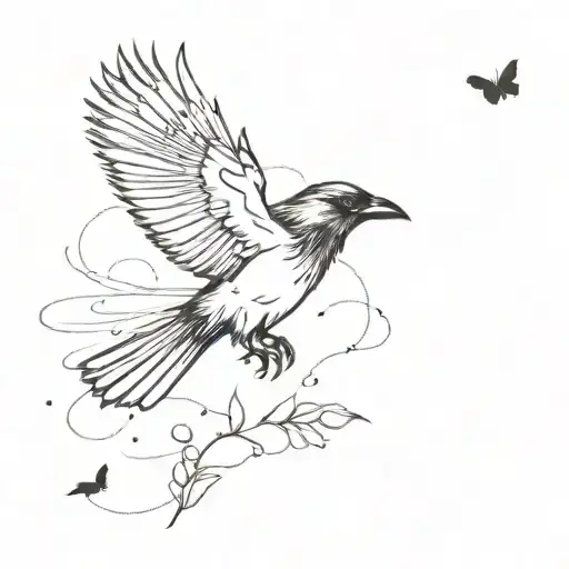 the crow chasing the butterfly flying tattoo design idea