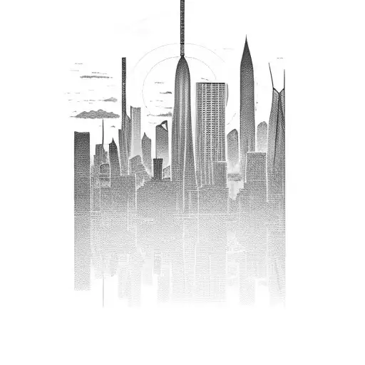 A sunrise over a city skyline with skyscrapers made of stacks of money tattoo design idea