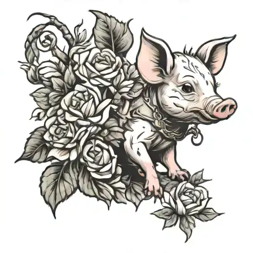 Piglet holding flowers growing tattoo design idea
