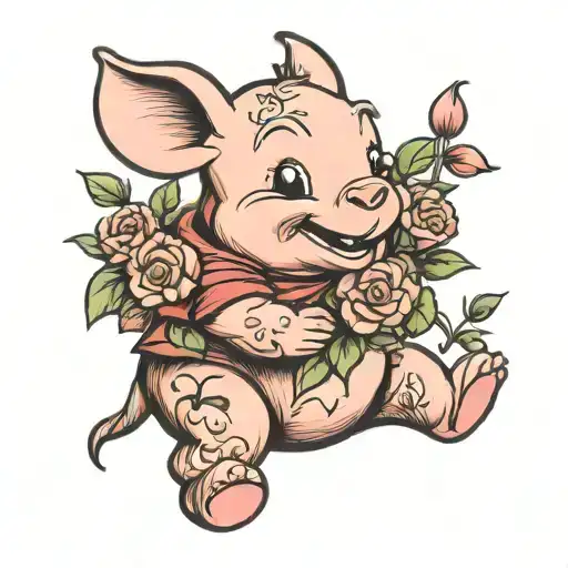 piglet from winnie the pooh holding flowers tattoo design idea