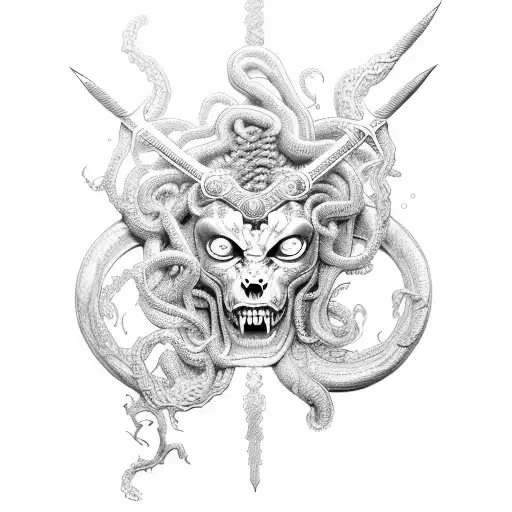 intricate medusa, flaming sword cutting through a name, Paul fiandrill tattoo design idea