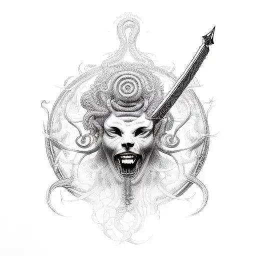 intricate medusa, flaming sword cutting through a name, Paul fiandrill tattoo design idea