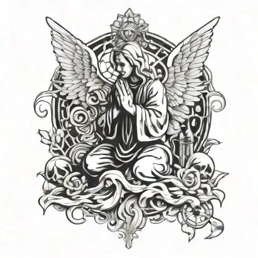 A hauntingly beautiful tattoo of a praying angel surrounded by horror movie elements tattoo design idea