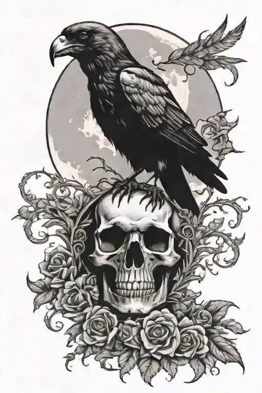 skull crow grave  moon tattoo design idea
