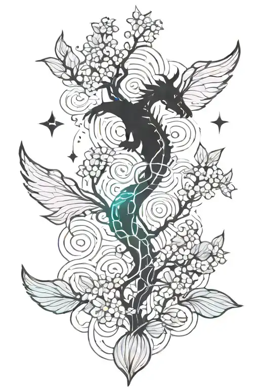 dogwood tree, stars, dragon tattoo design idea