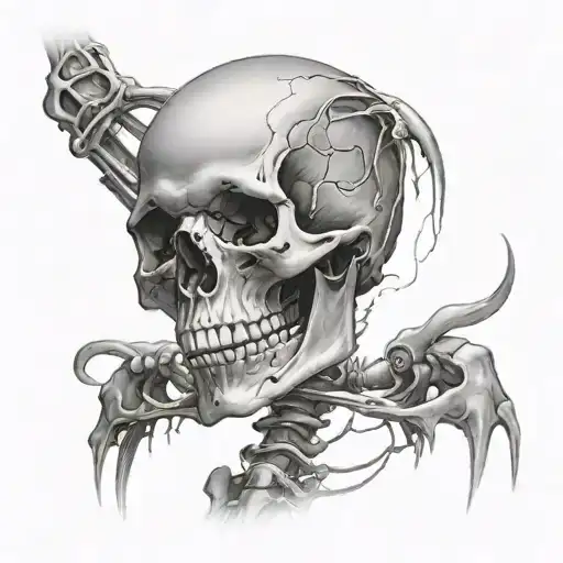 a tatoo of a skeleton arm down the center of the back  tattoo design idea