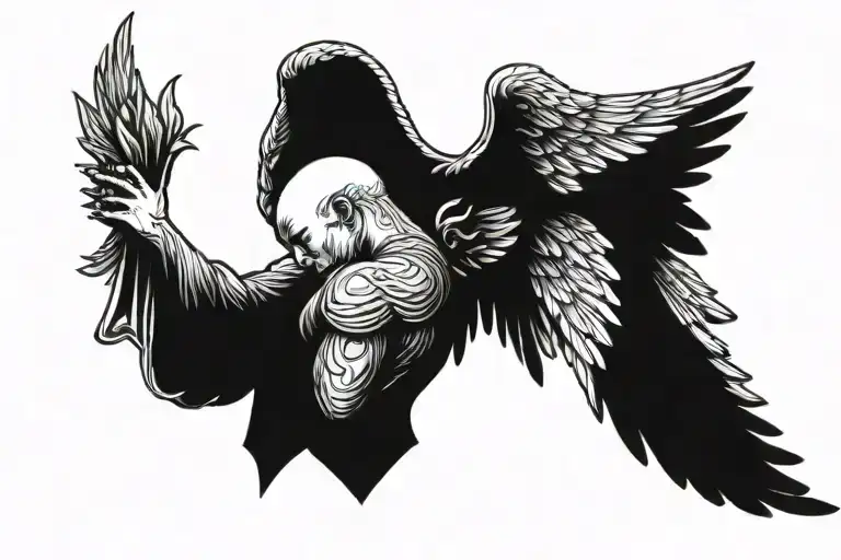 The angel holding a bald head shines from behind tattoo design idea